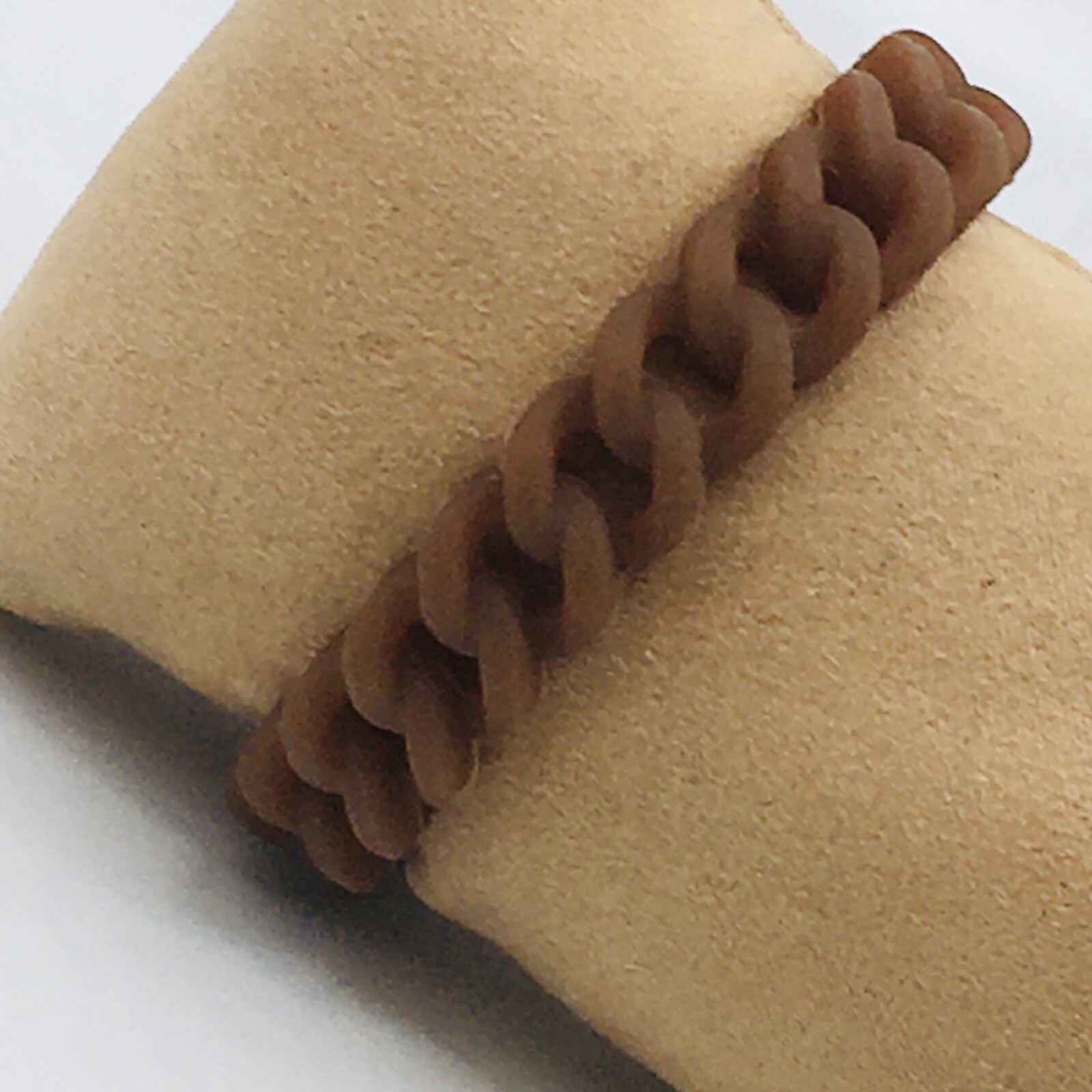 Rustic Cuff Gold Tone Logo Turn Lock Brown Silicone Stretch Mock Chain Bracelet
