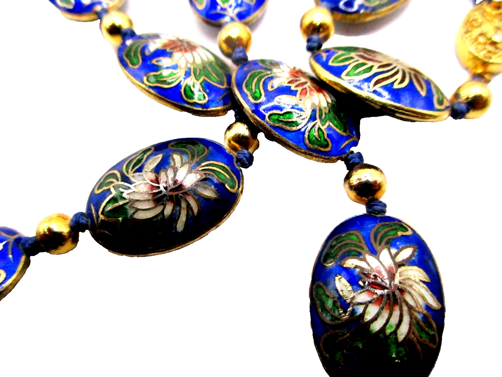 Vintage Chinese Export Blue Cloisonne Enamel Flat Oval Beads Beaded Necklace
