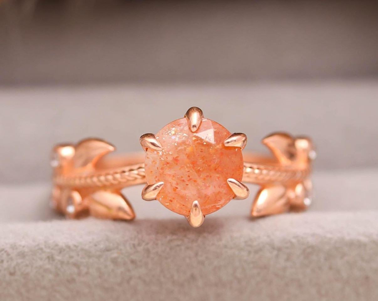 Natural Sunstone Round Cut Ring Rose Gold Fill 925Sterling Silver Dainty Jewelry