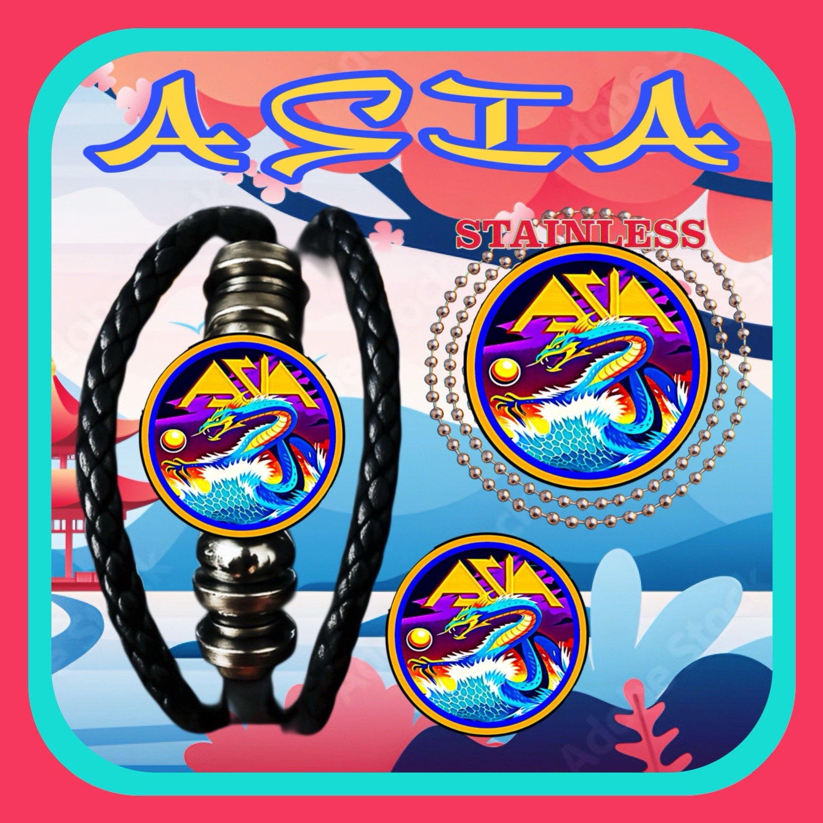 ASIA SUPER GROUP 🇬🇧 LEATHER PUNK BRACELET➕NECKLACE ➕PIN 🇺🇸🇨🇦🇯🇵