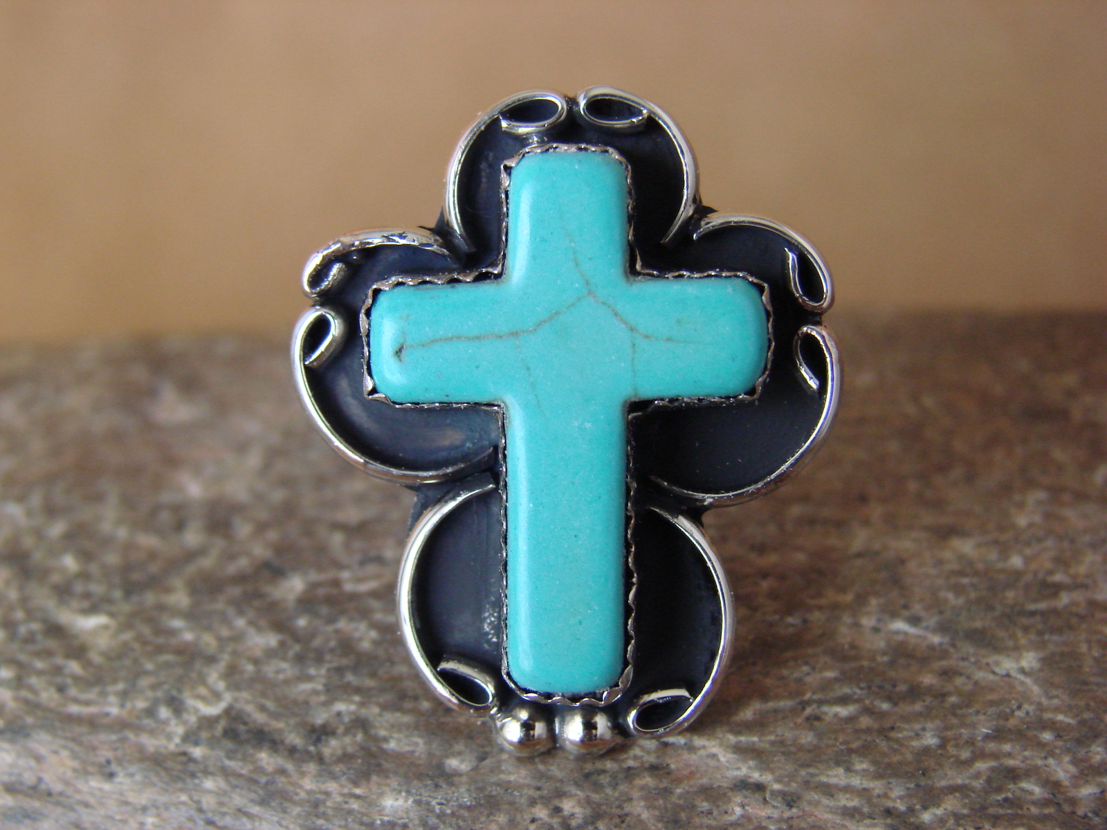 Native American Nickle Silver Turquoise Cross Ring Size 8 by Phoebe Tolta