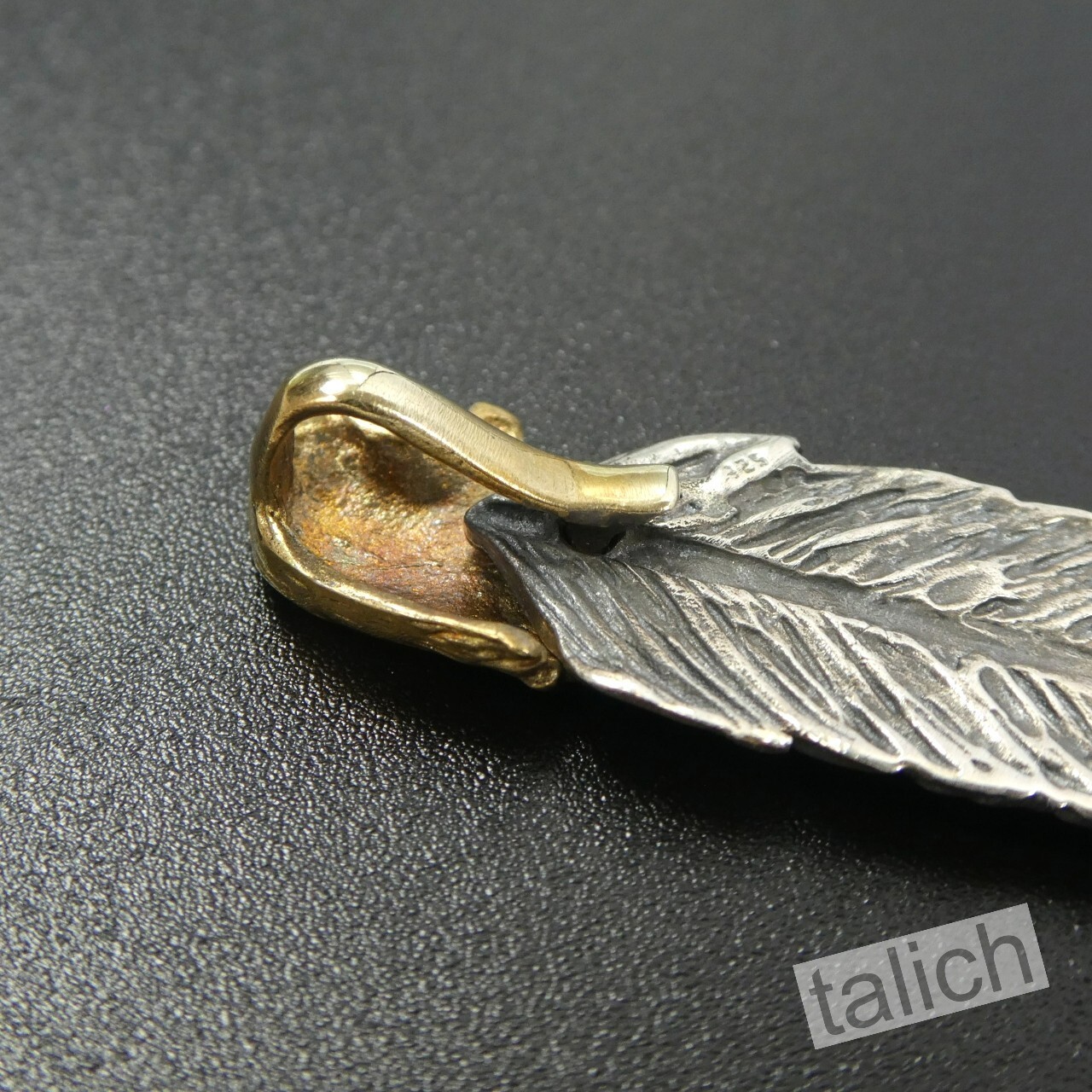 925 Sterling Silver Feather with Shiny Brass Eagle Head Pendant Great Details