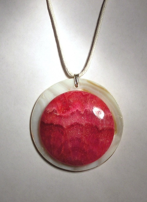 Medium Red Argentine Rhodochrosite, 40 mm Cab Necklace W/Adjustable White Cord