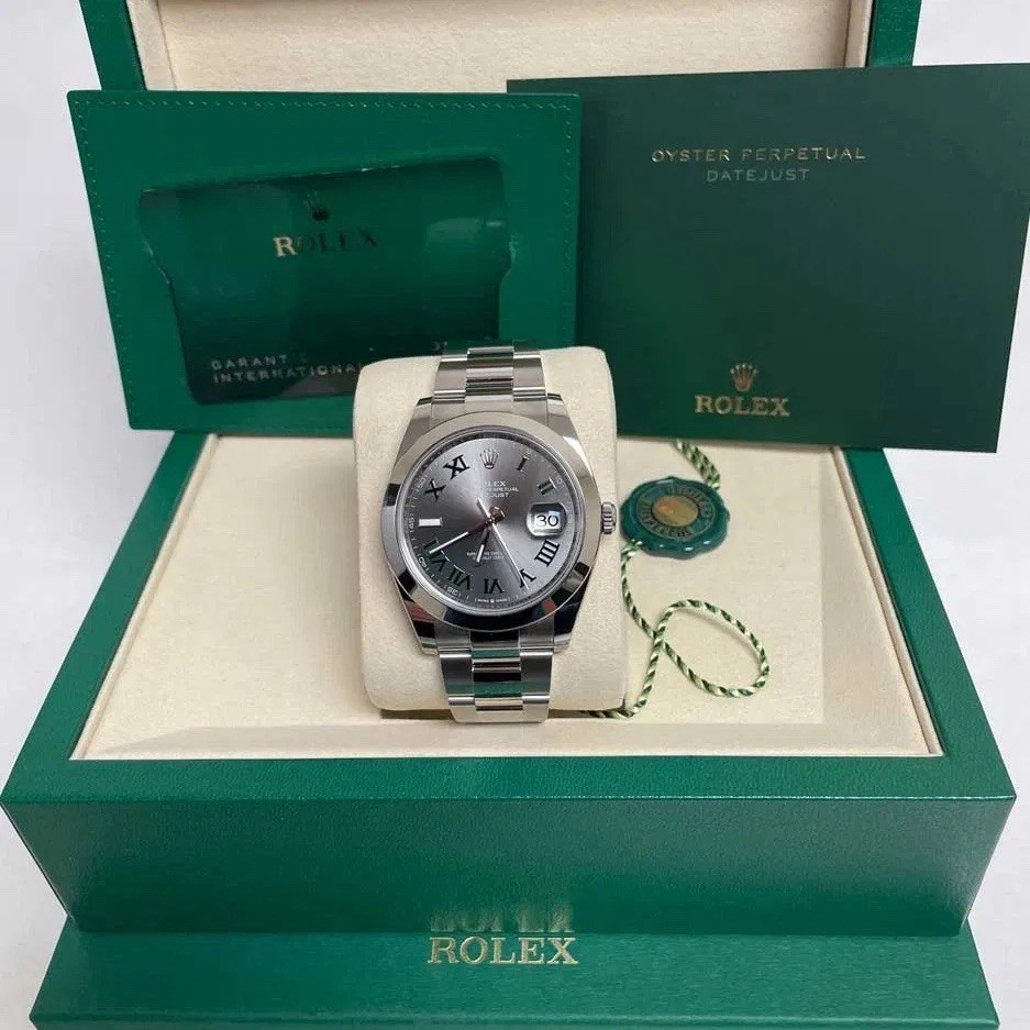 Rolex Datejust Automatic Date Gray/Green Roman Dial Smooth Bezel Box Papers