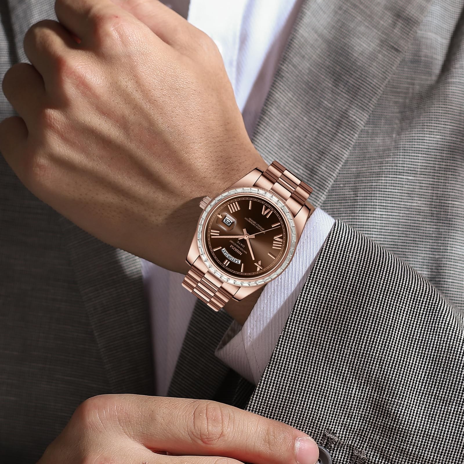 Men’s Watches Analog Quartz Diamond Bezel Stainless Steel Brown Dial Rose Gol…