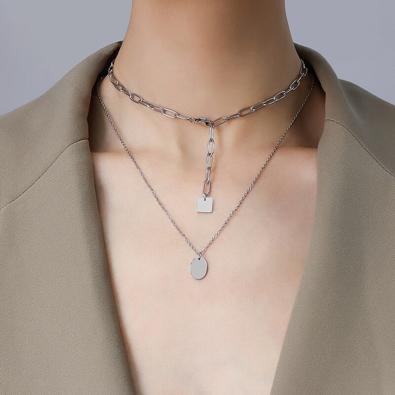 Woman 18K Gold Plated Stainless Steel Link Chain Square Oval Charm Two Layers