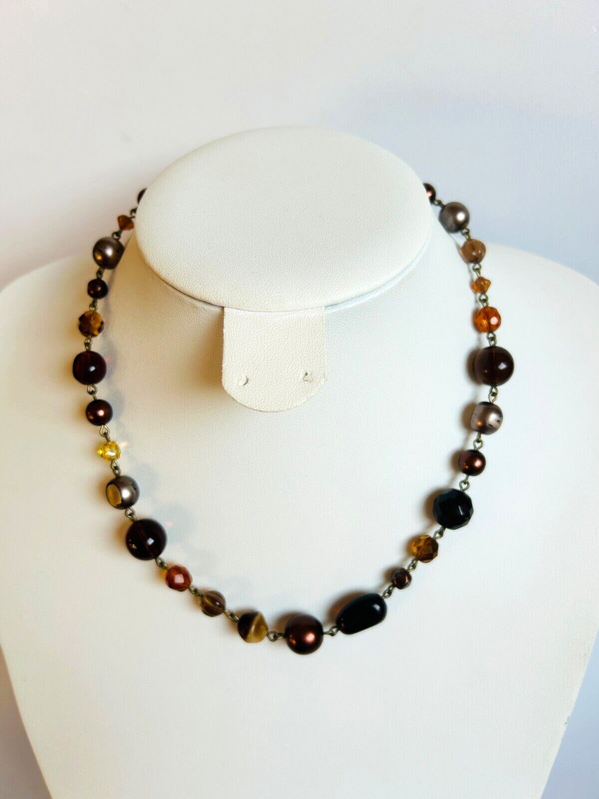 M&S Glass Beads Brown Amber Gray Tones Necklace Vintage – Jewellery