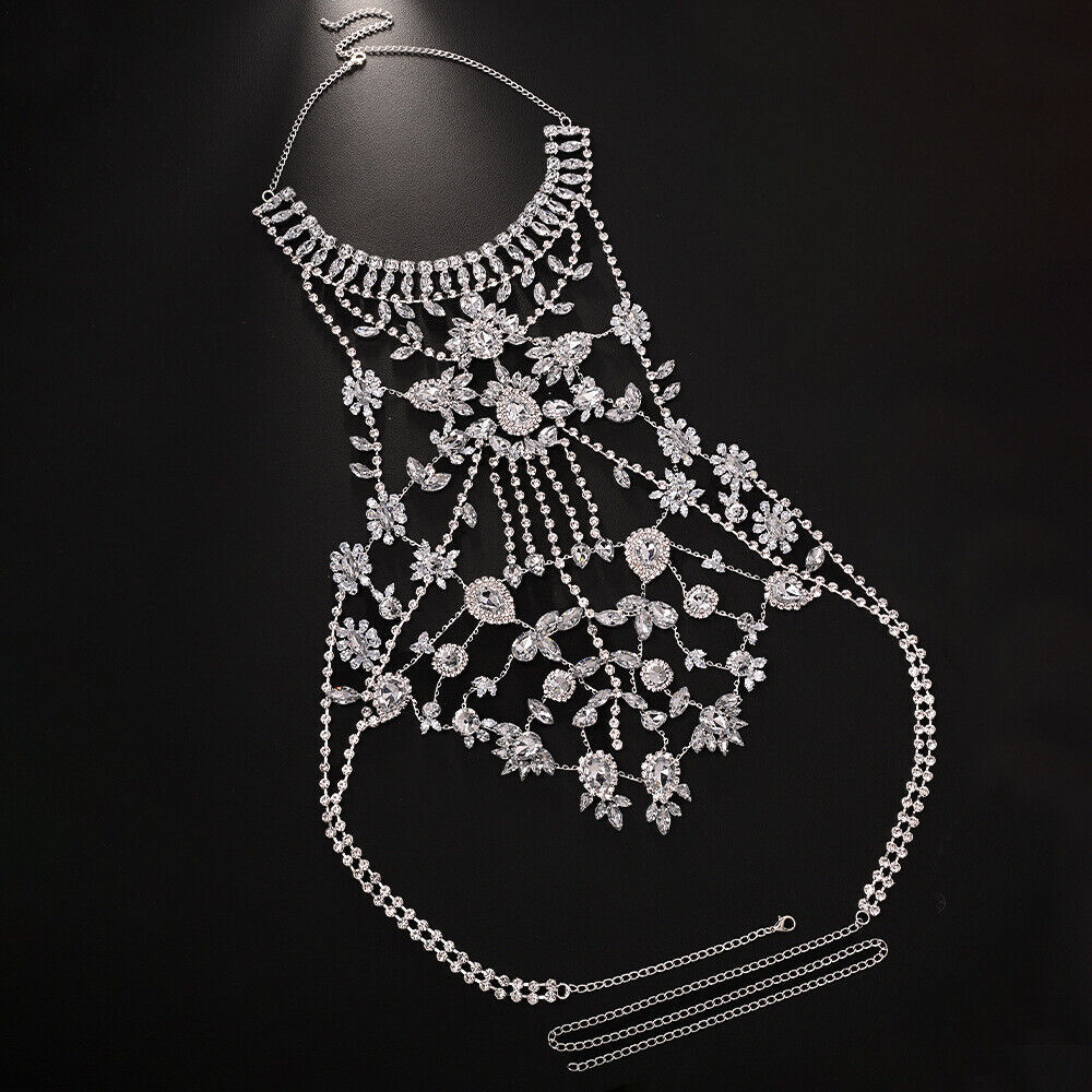 Hot Women Chest Rhinestone Necklace Vest Floral Droplet Luxury Body Chain Party