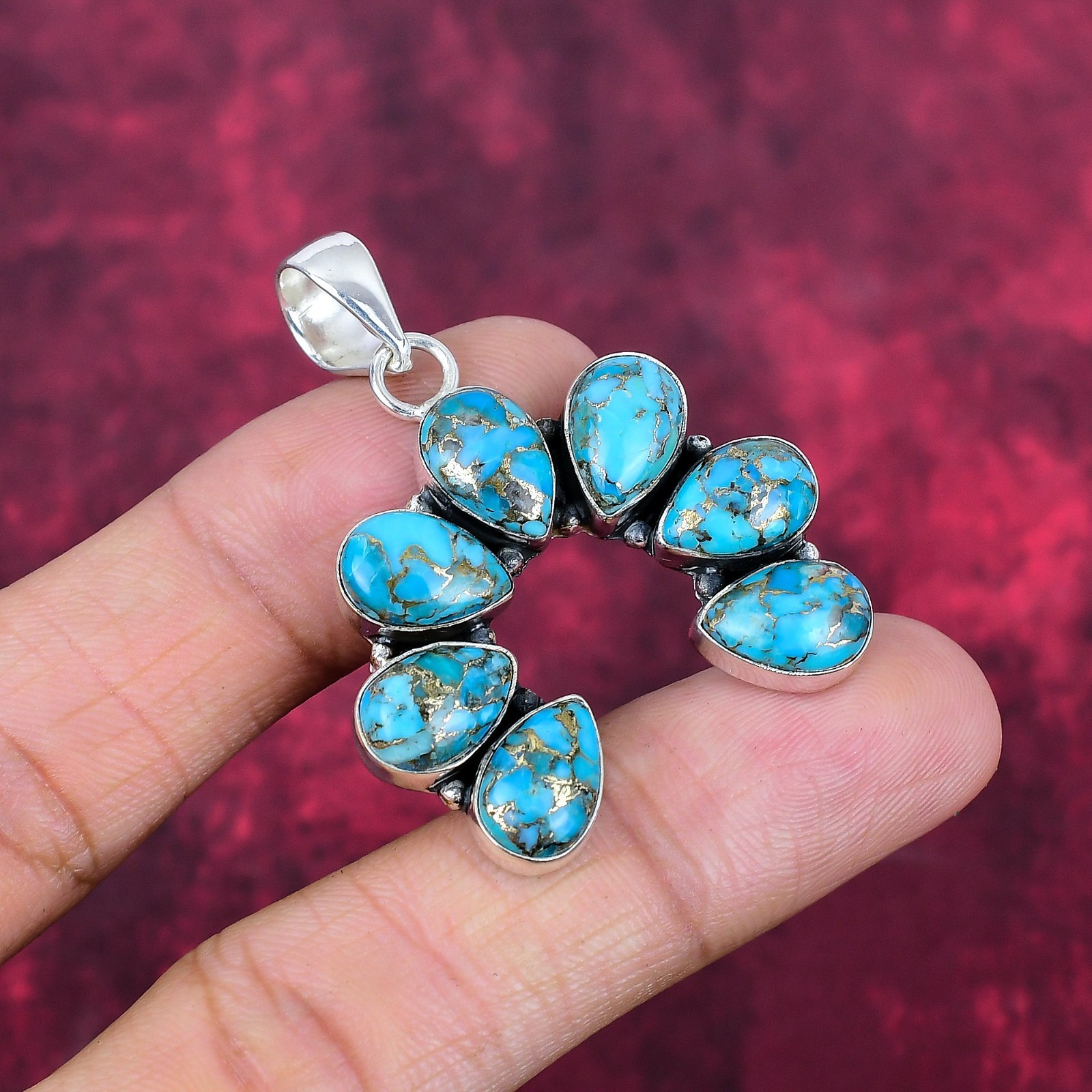 Blue Copper Turquoise Gemstones Handmade 925 Sterling Silver Pendant Jewelry