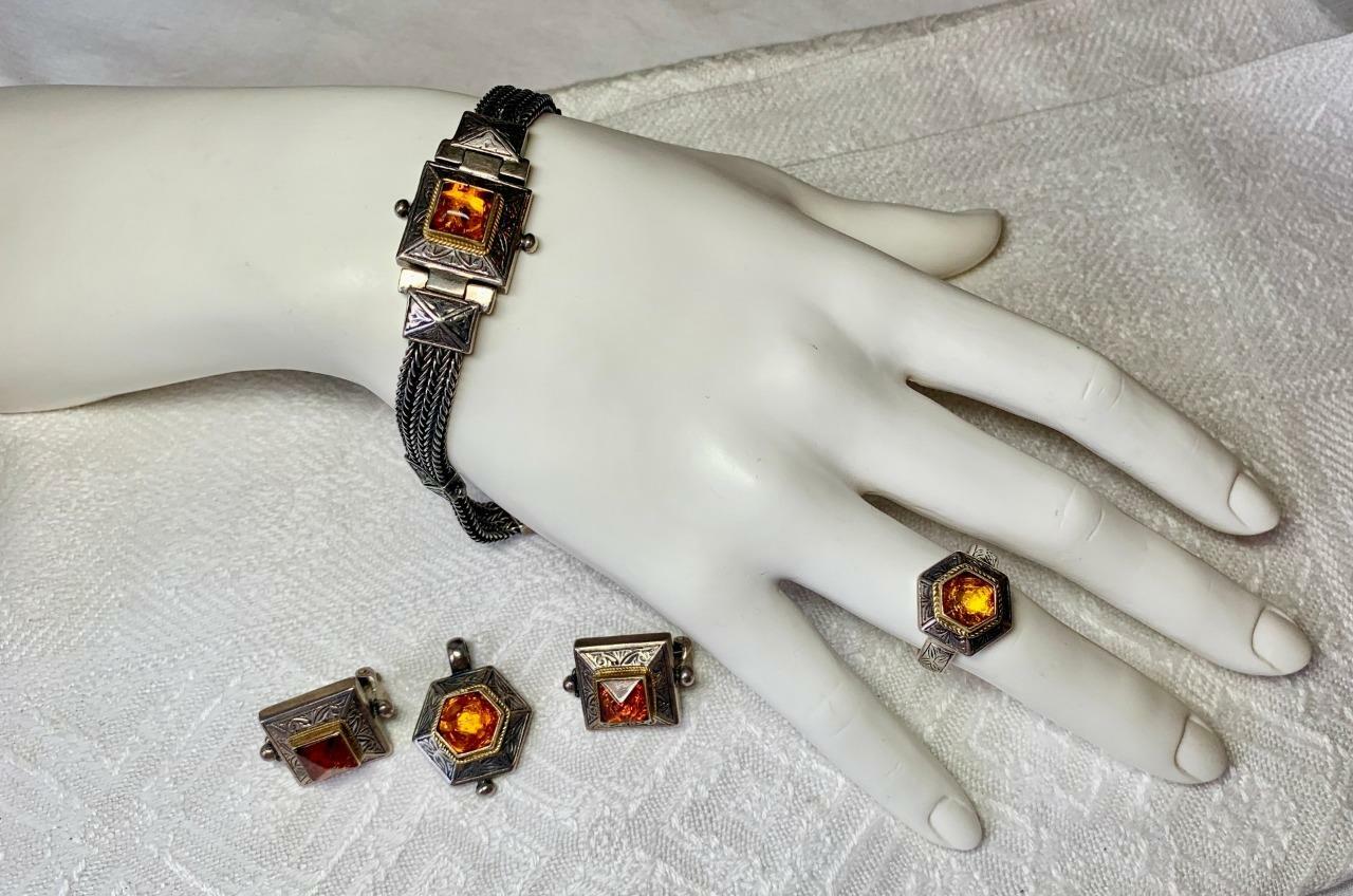 Savati Amber 22K Gold Silver Bracelet Earrings Ring Pendant Suite Parure Greece