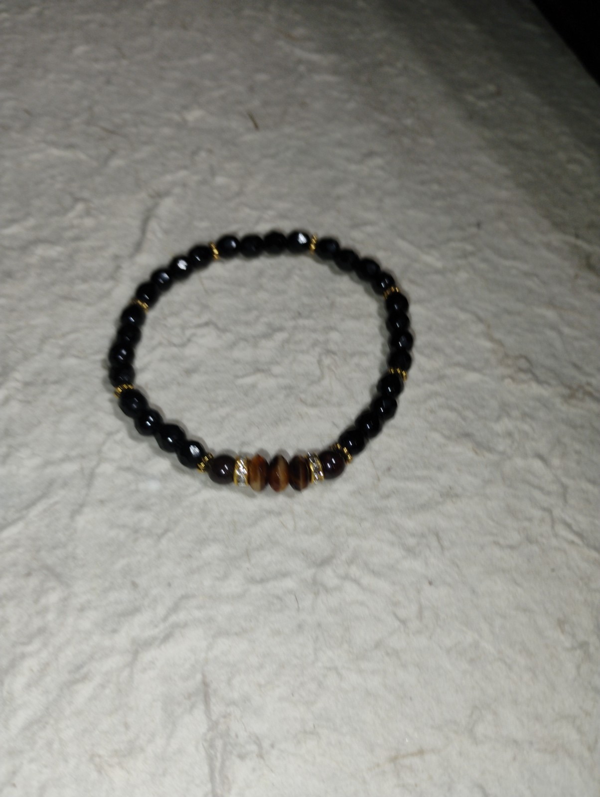 Tiger Eye And Black Obsidian Handmade Beaded Stretch Bracelet With Gold-Tone…