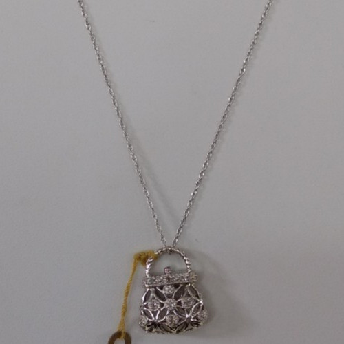 Ladies 10K White Gold Purse Pendant W/ Diamond Accent, 18 inches 3.3 grams total