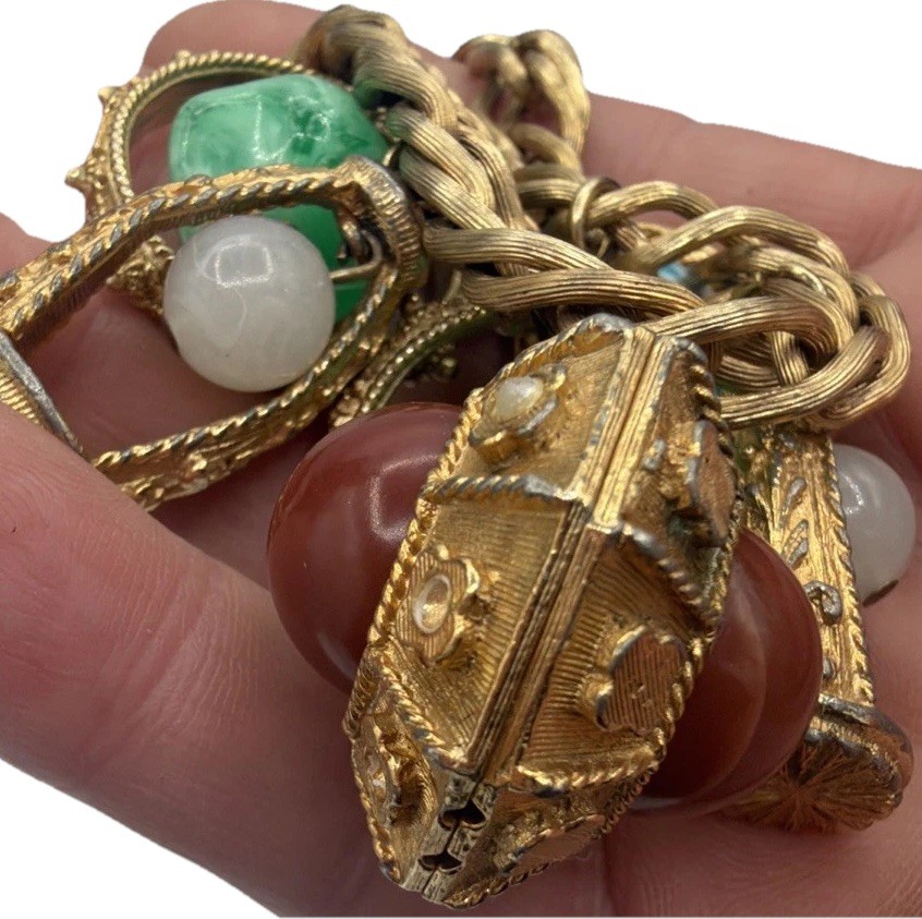Vintage Etruscan Revival Charm Bracelet Gold Tone Curb Chain Fob Lantern 50s 60s