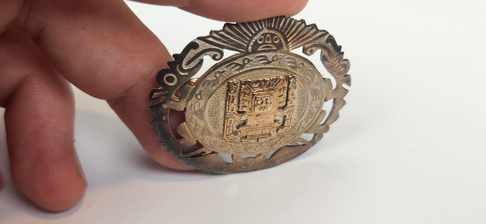 Vintage Peru STERLING SILVER & 18K GOLD Aztec Mayan Brooch