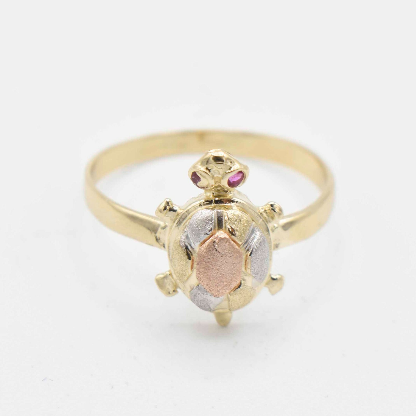 Satin Finish Textured Turtle with Ruby Eyes Ring Real Solid 10K Tri-Color Gold