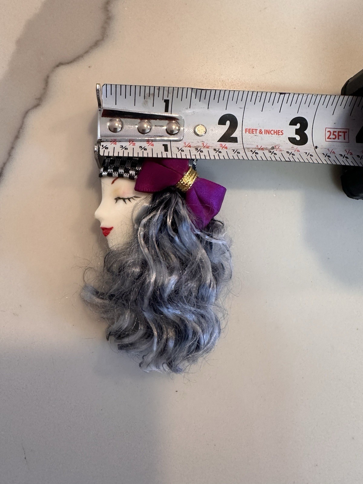 Lady Head Porcelain Brooch Hand Painted Long Gray Hair SEE DETAILS Repair Needed