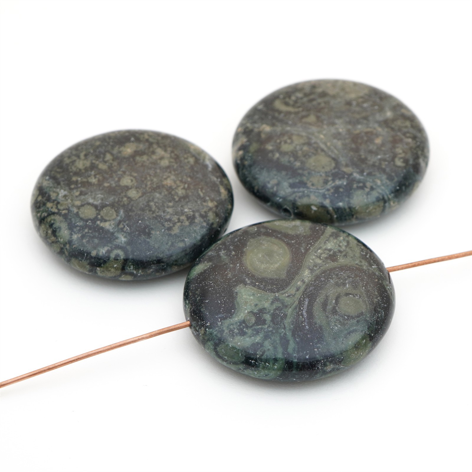 3 large flat round green and black kambaba jasper stone lentil beads avg 30mm