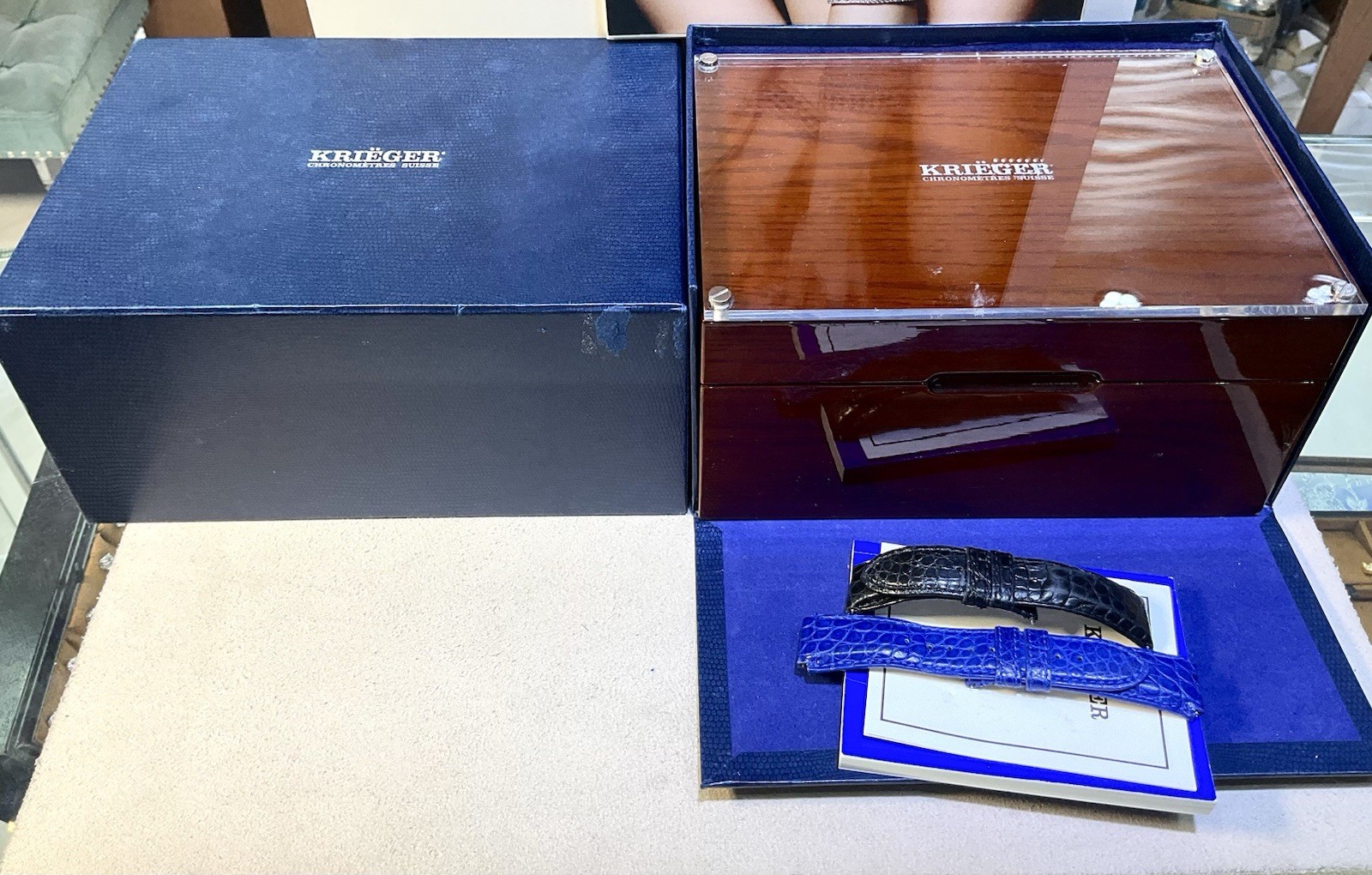Krieger Gigantium Diamond Bezel MOP Dial Leather Strap Watch Full Set