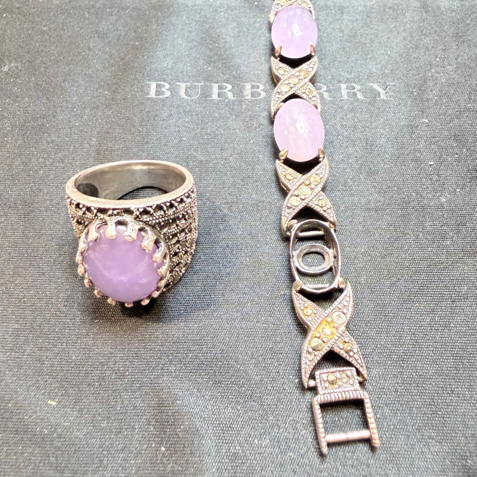 Vintage 925 Sterling Silver Marcasite Lavender Jade Ring and Bracelet Set 39g