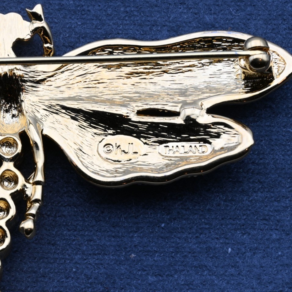 KJL Gold Tone Dragonfly Brooch Pin Rhinestone Faux Pearl Wings Insect Jewelry