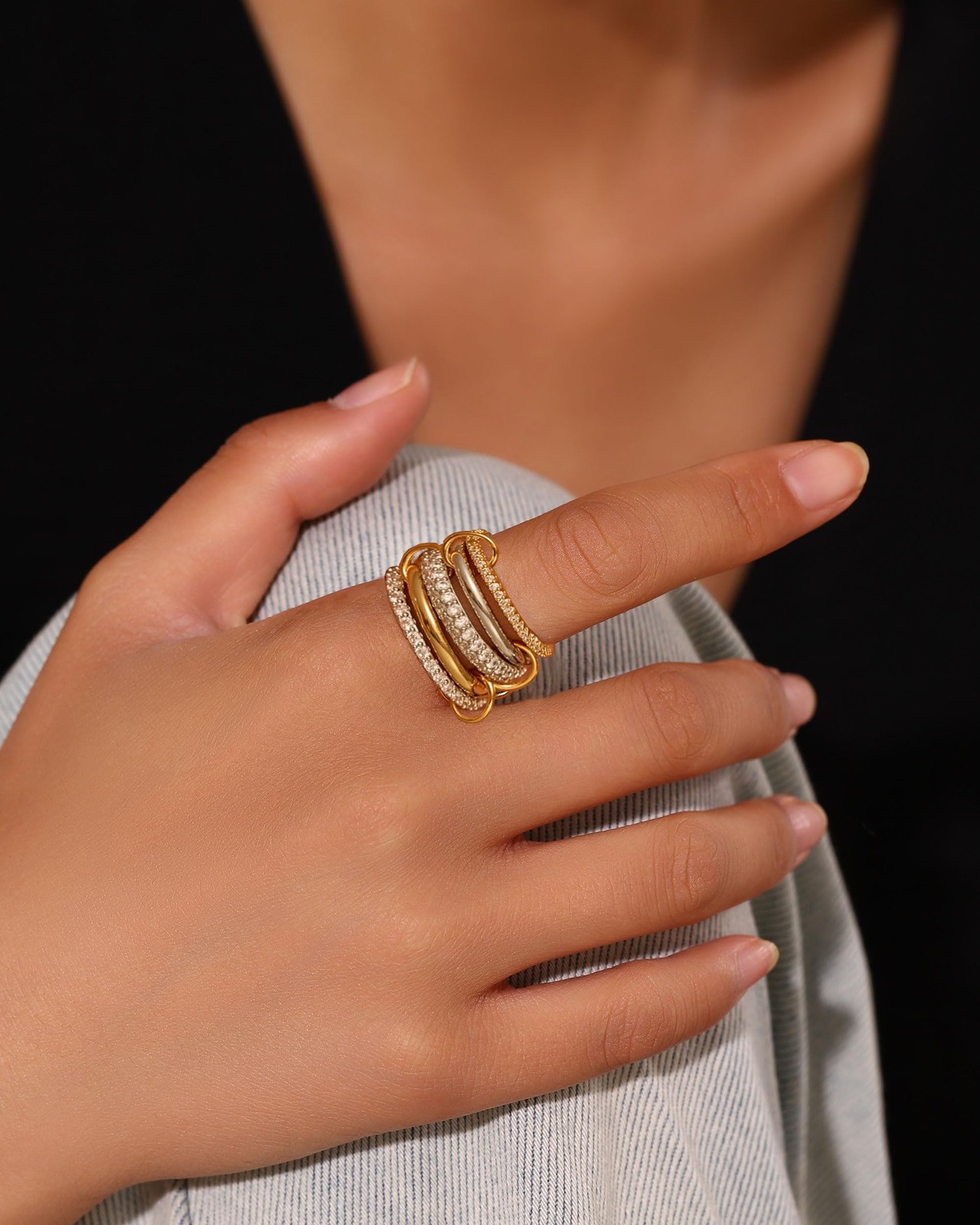 14K Gold Interlocked Stackable Rings for – 5 Layer Silver Gold Ring Stack Set…