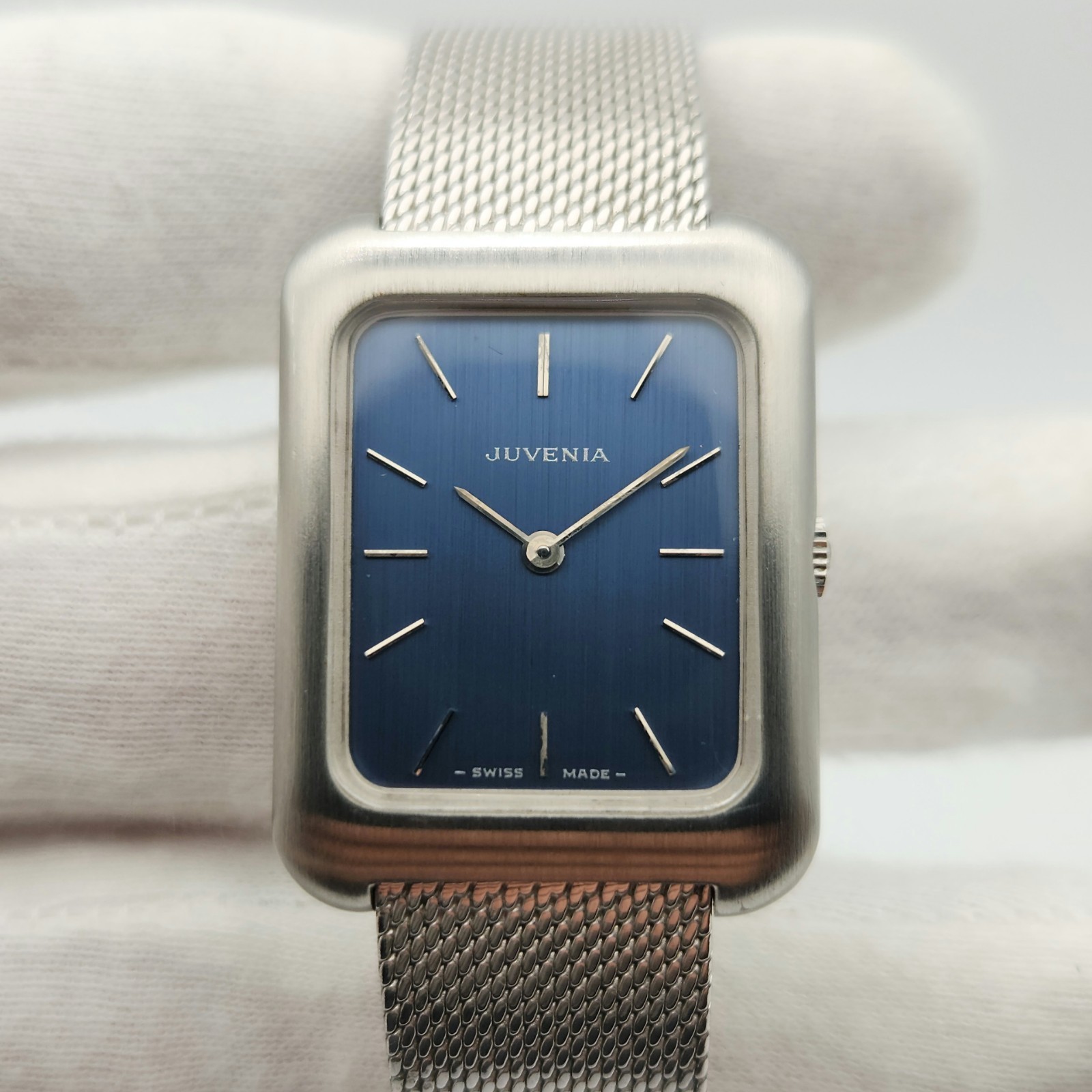 Juvenia “Tank” Style Men’s Vintage Silver Tone / Blue Dial Mechanical Watch