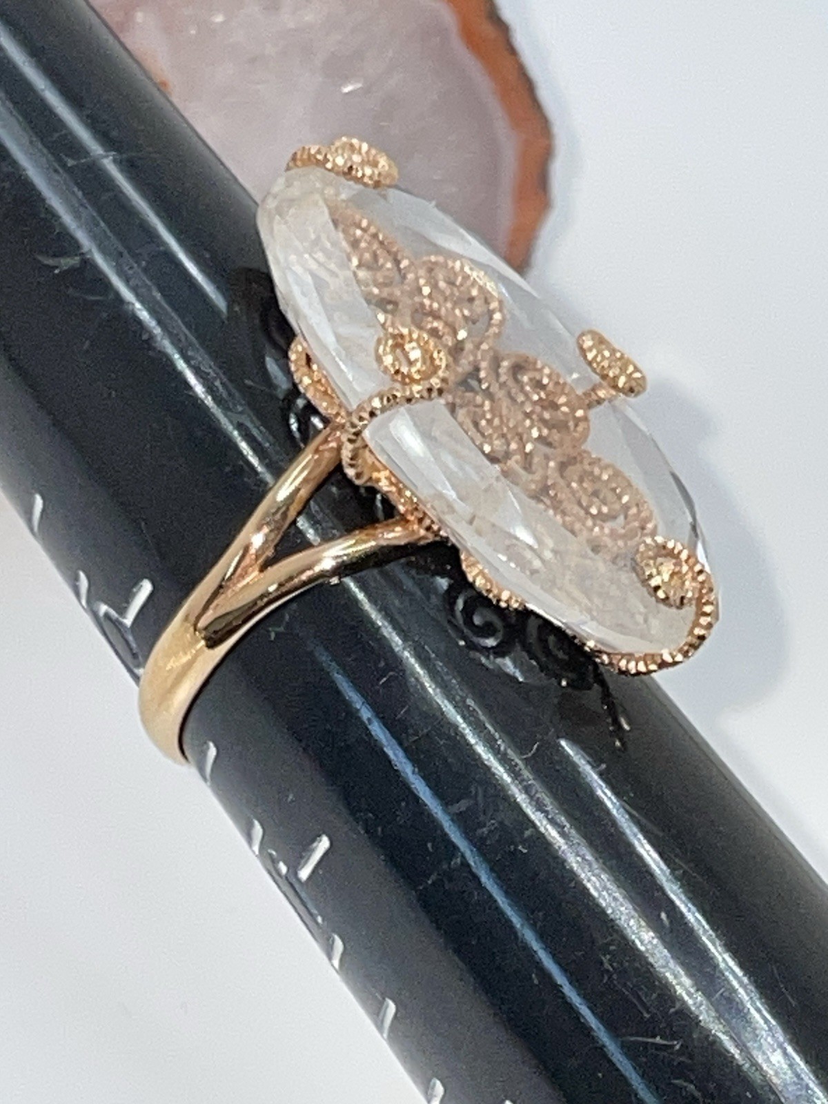 14KT 14K Rose Gold Caged Crystal Filigree RING Statement Italy Milor Size 10.25