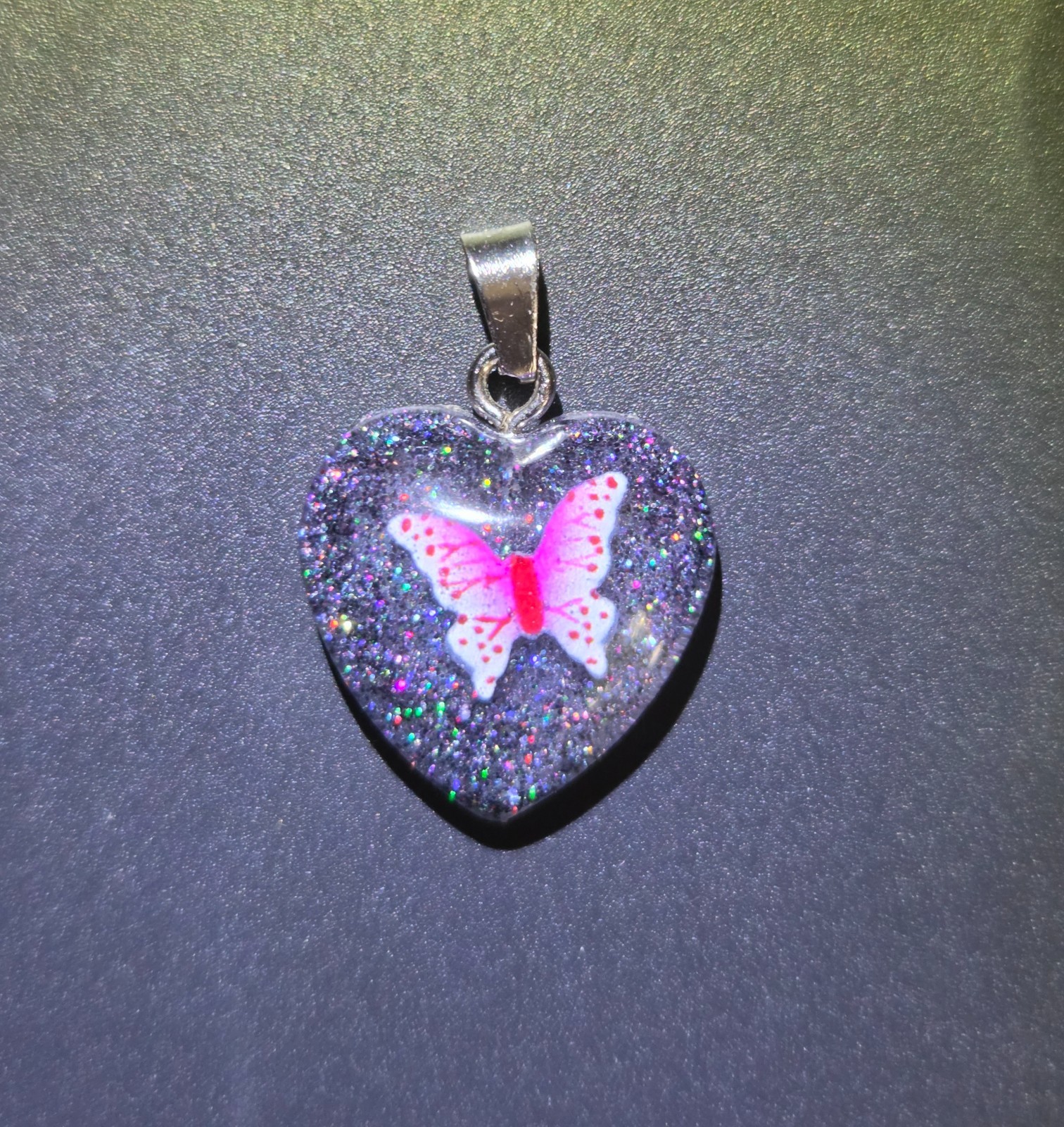 OOAK Handmade Butterfly Heart Resin Pendant Necklace Pink Glitter N109