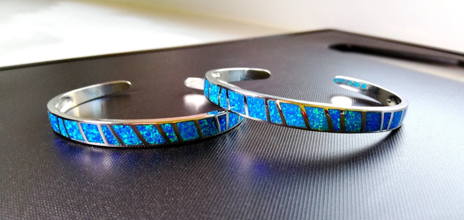 Blue Opal Bracelet Fire Opal Bangle Stainless Steel Silver Bigsam Opal Hoop
