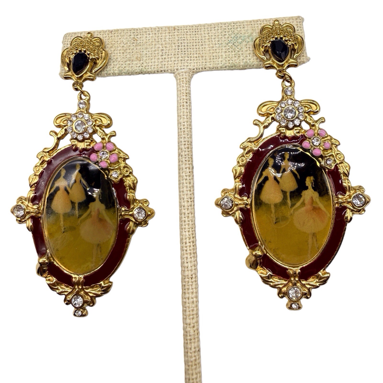 Vic Rev Dangle Earrings Ballerina Illustrated Cameo Enamel Crystal Gold Plate A8