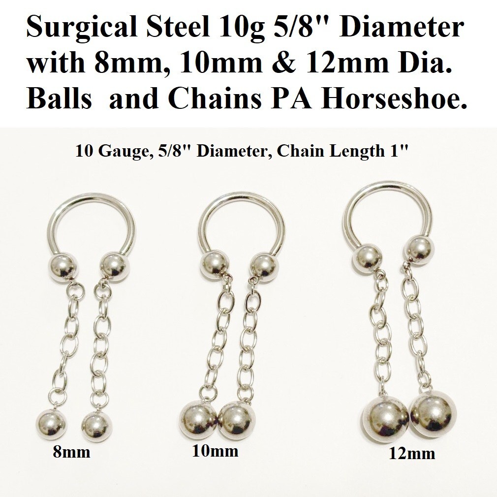 8, 10 & 12mm Balls n Chain PA Horseshoe Surgical Steel 10g 5/8″ Diameter.