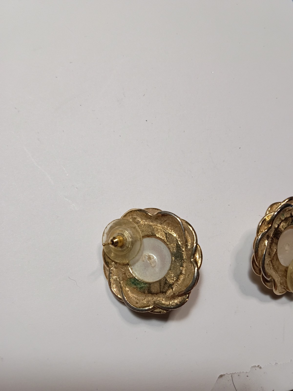 Gold Tone Rope Twist Round Stud Earrings, White Imitation Pearl, Butterfly Back