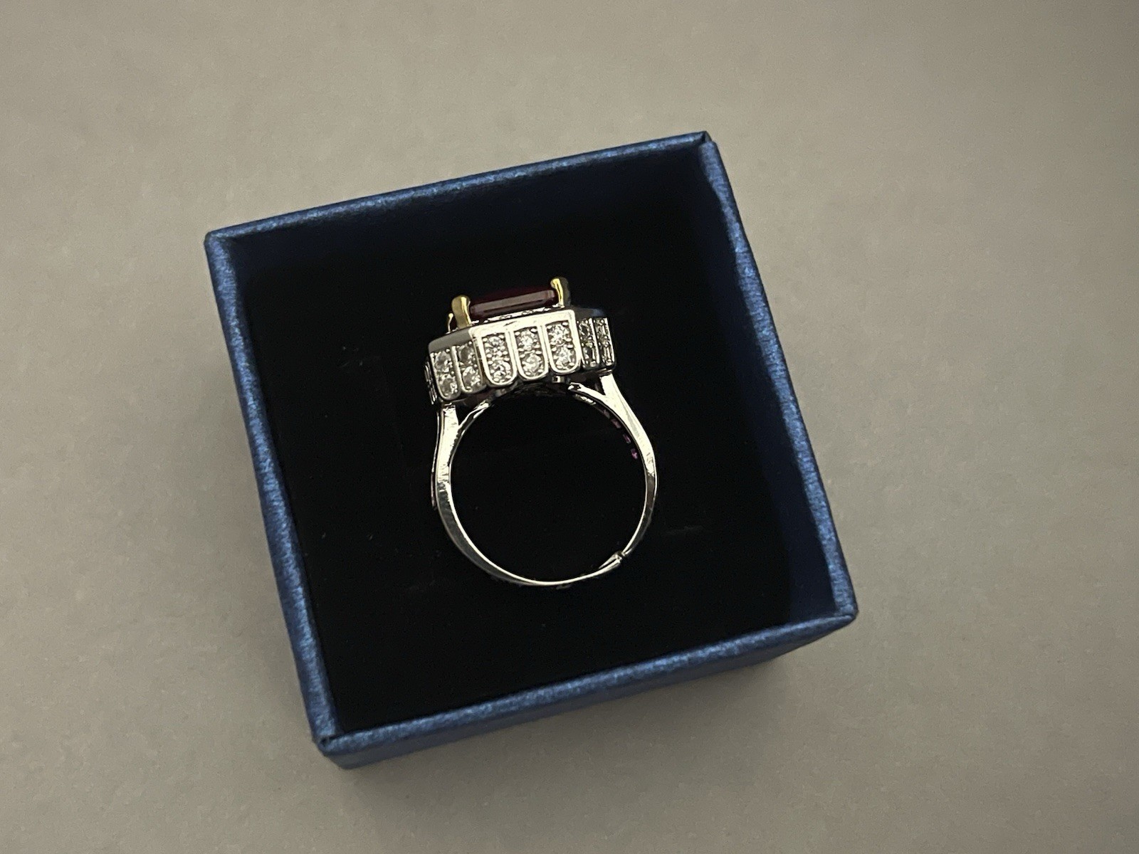 Gorgeous Simulated Princess Cut Ruby and Diamond Silver Ring Size 8