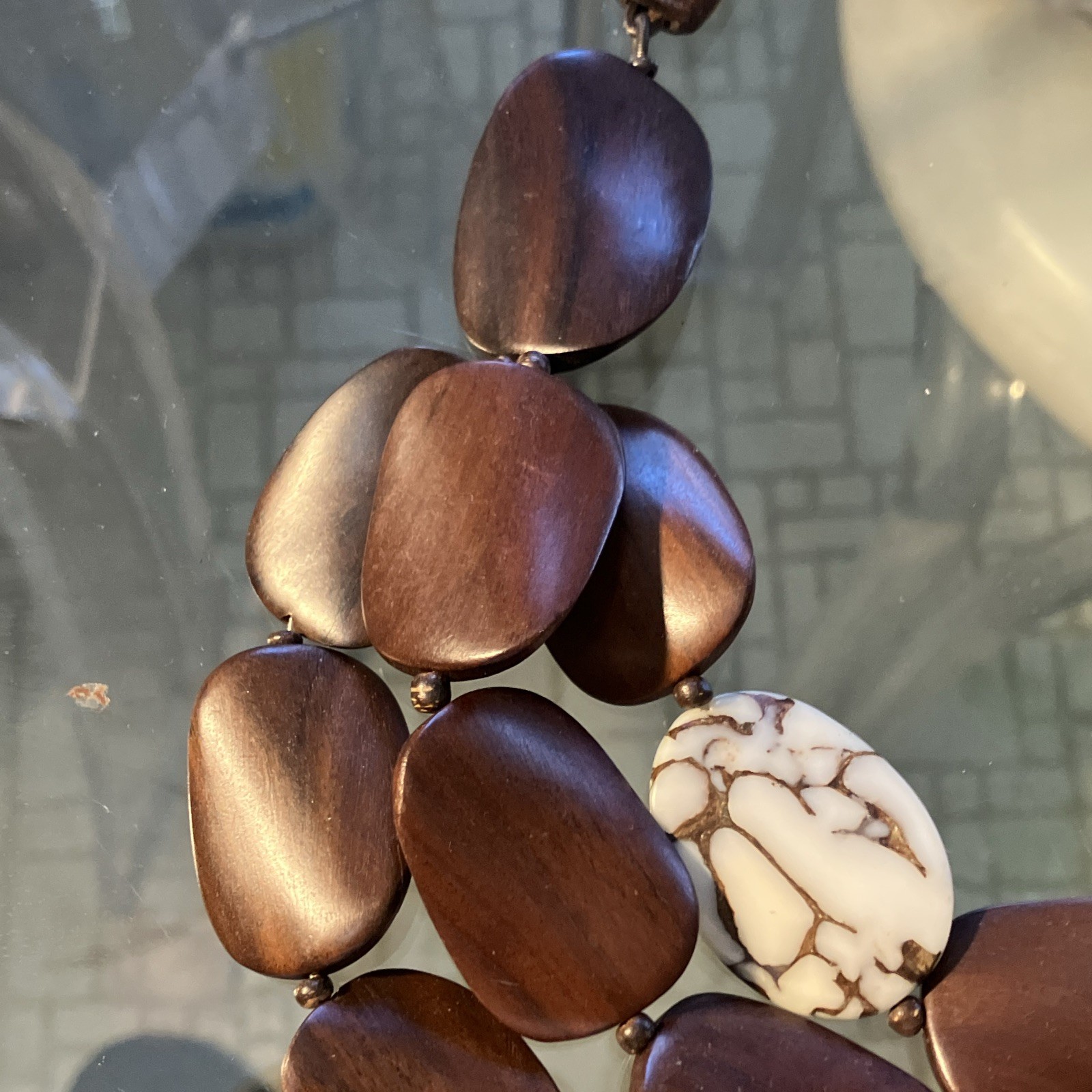 Brown Wood Beaded Statement Necklace White Oval Stone Accent Cord, Lobster