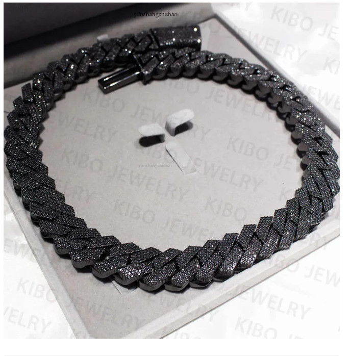 BLACK MOISSANITE 20mm Real Miami Cuban Link Prong Chain Iced Silver Necklace