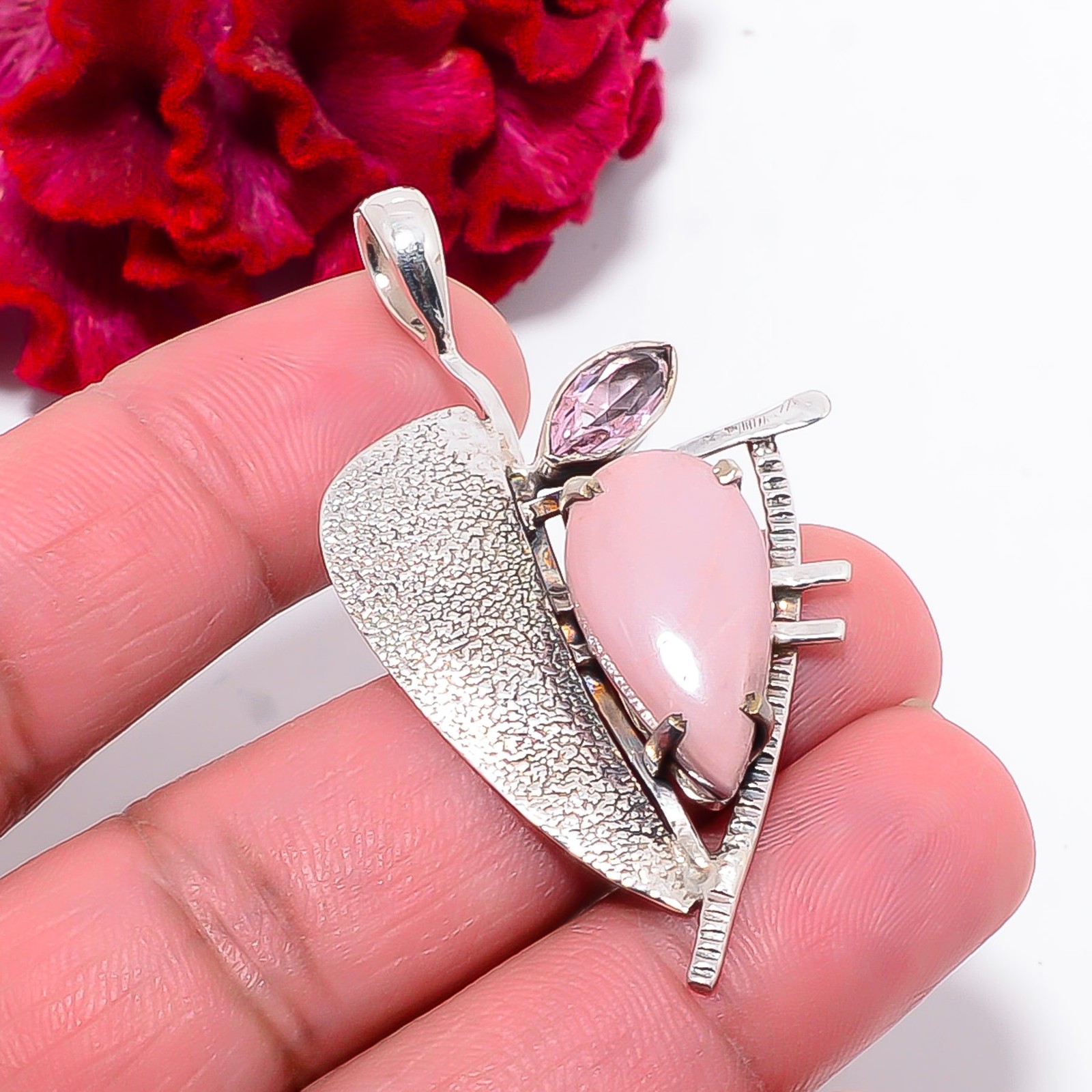 Pink Opal – Peru & Pink Kunzite Gemstone 925 Sterling Silver Pendant 2.03″ P2224