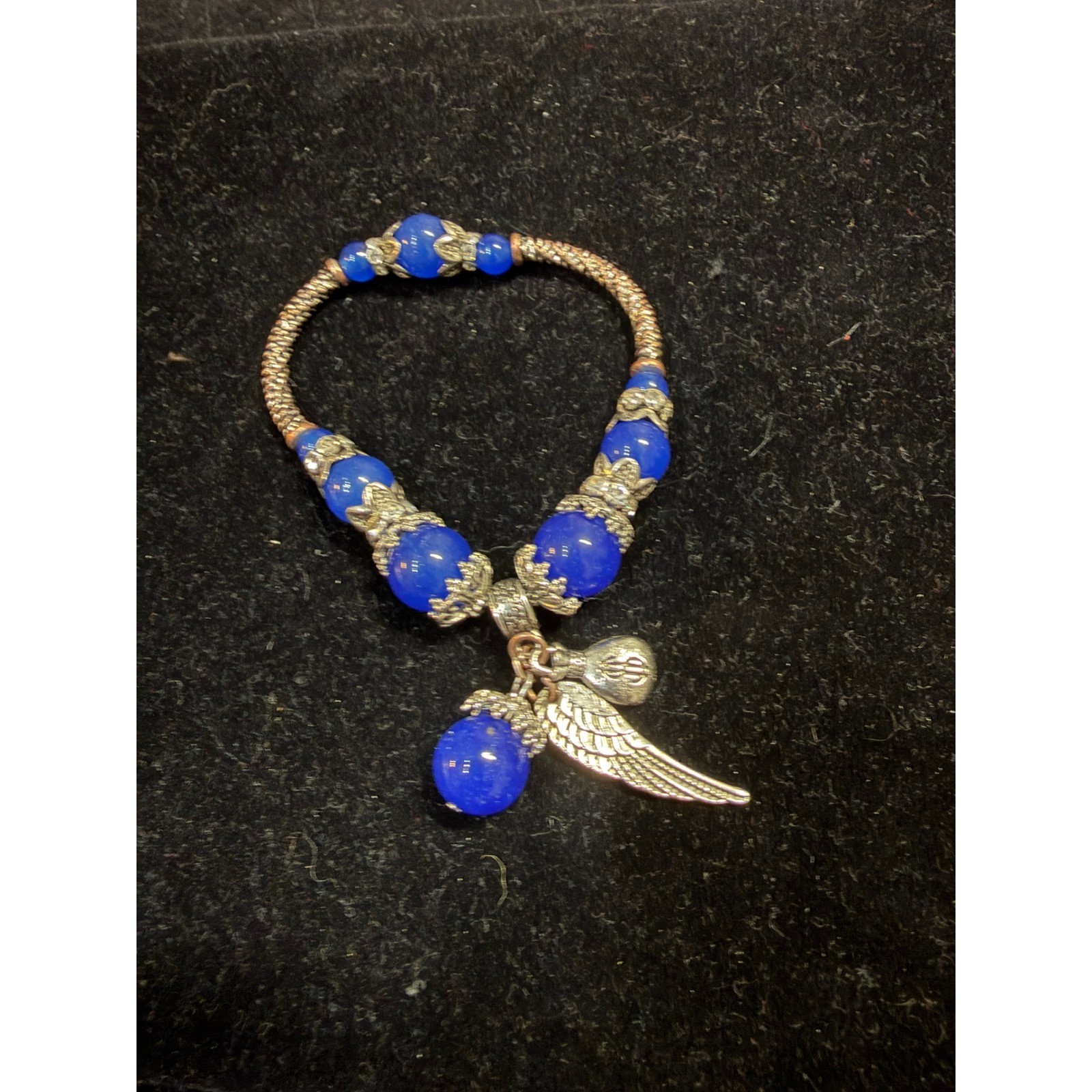 Beaded Charm Bracelet Blue Angel Wing Money Bag Jewelry Handmade Beads Ornate