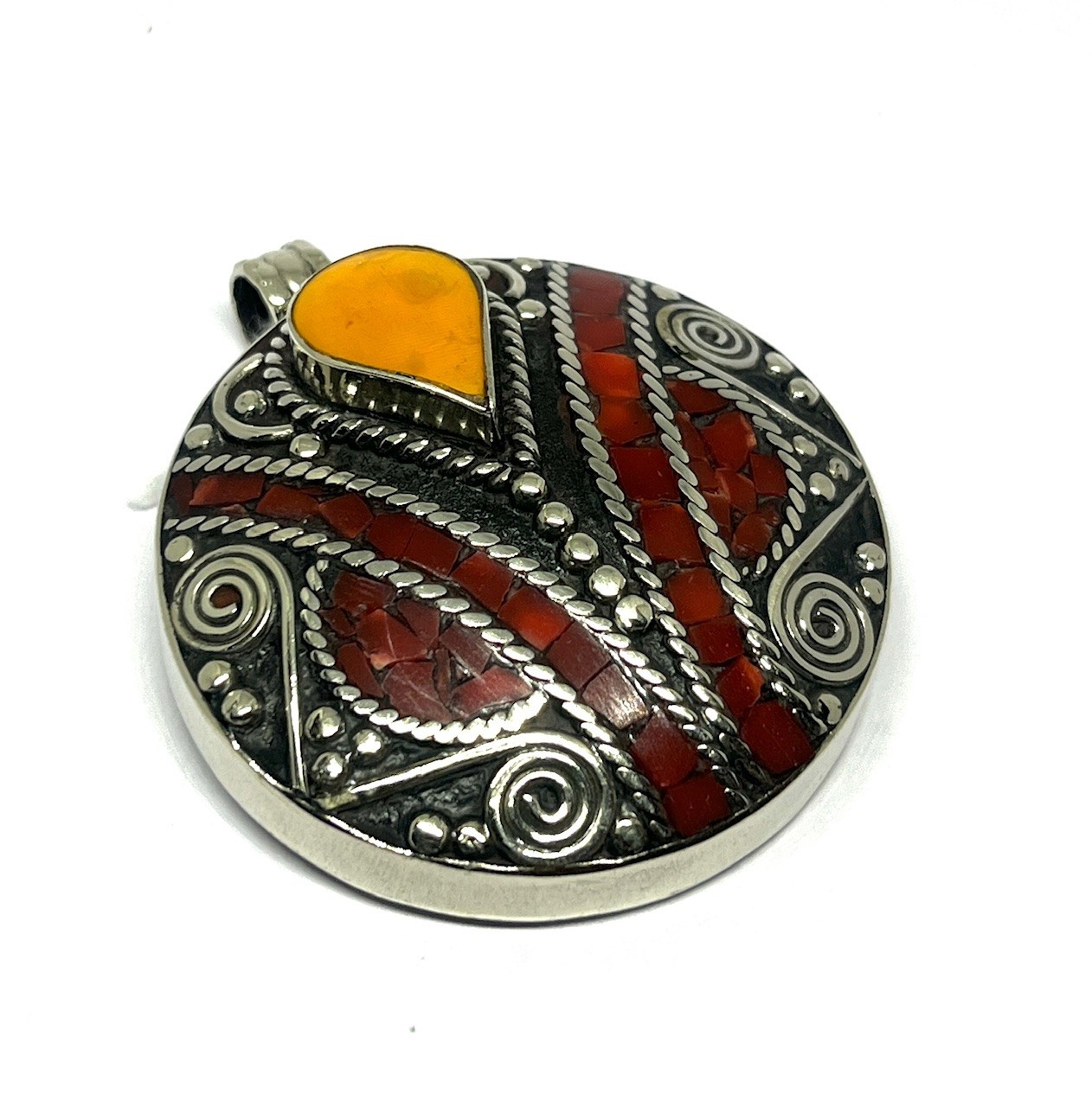 Antique Red Coral Amber Gemstone Tibetan Statement Pendant Jewelry, 2.0 inch