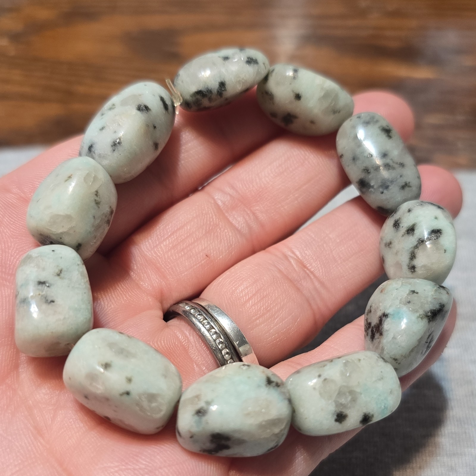 Kiwi Jasper Chunky Stone Speckled Stretch Bracelet Stackable No Clasp