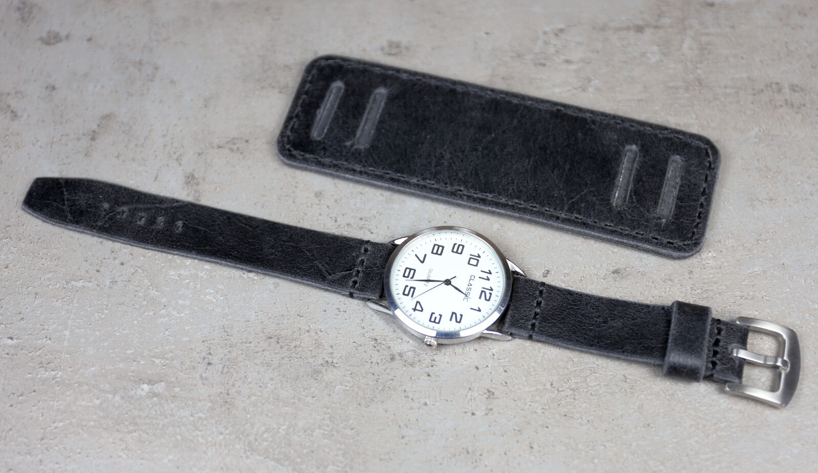 Leather watch bund band Military Black Distressed strap cuff pad 18mm 20 22 26mm