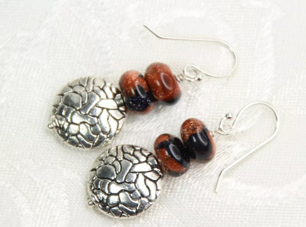 Goldstone 4 x 8mm Roundel Gemstone Earrings .925 Sterling Silver Orange 1 1/2″