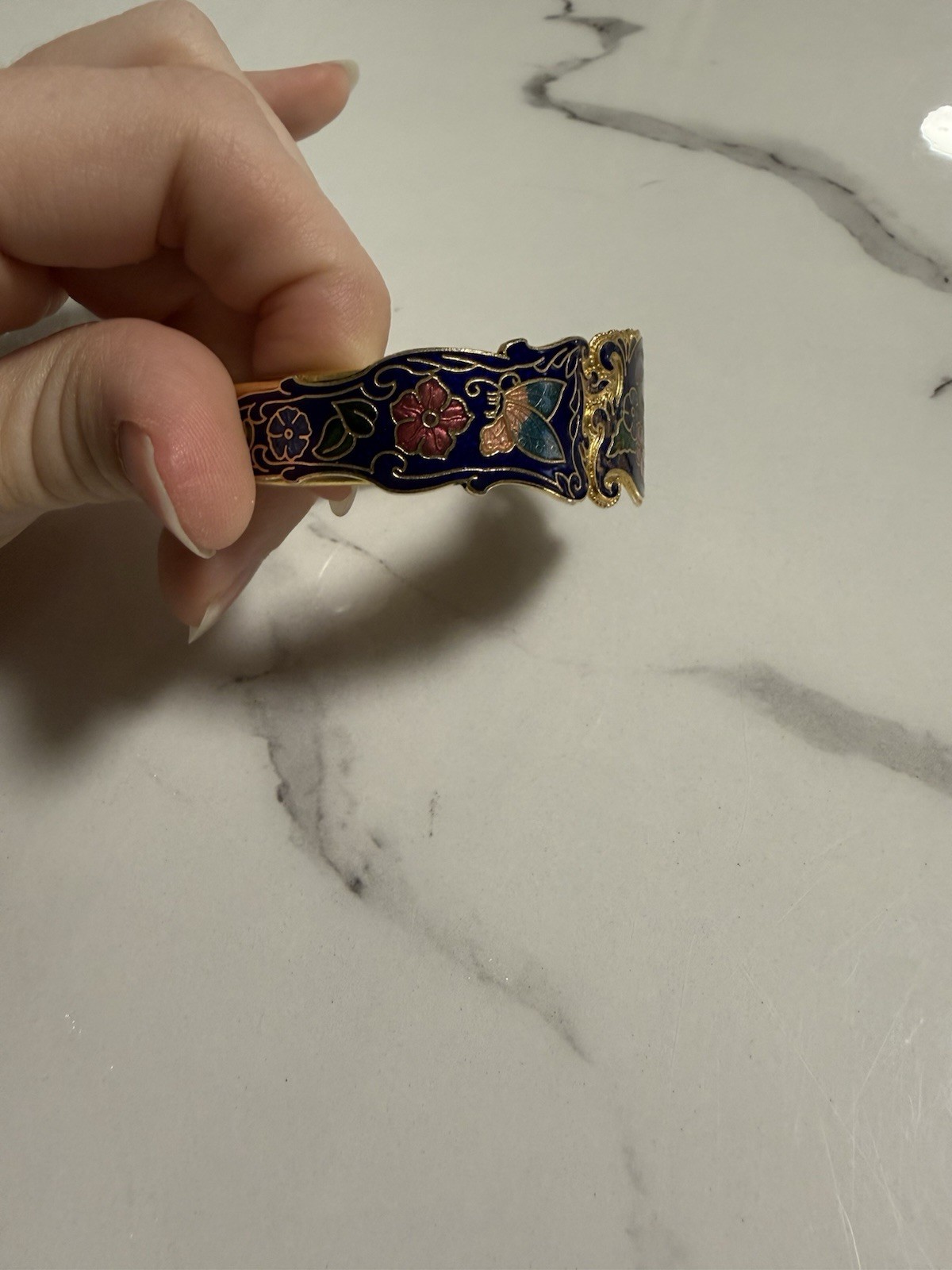 Butterfly Cloisonné Clamper Cuff Bracelet Floral Design Not In Perfect Condition