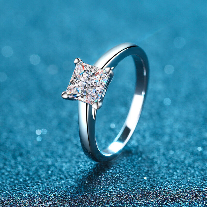 1Ct-2Ct Princess Cut GRA Moissanite Wedding Promise Ring 925 Sterling Silver