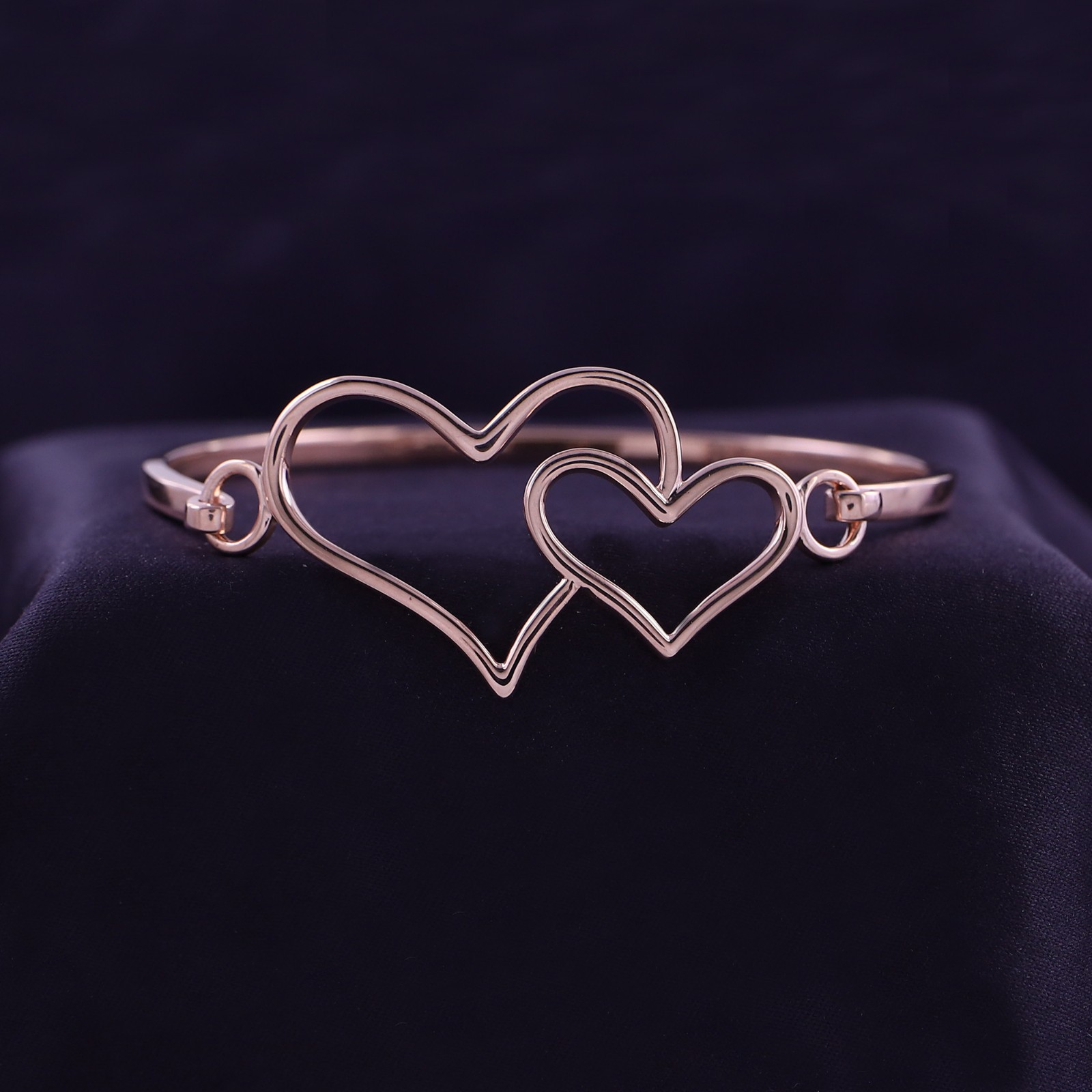 Double Heart One Love 14K Rose Gold Plated Sterling Silver Bangle Bracelet