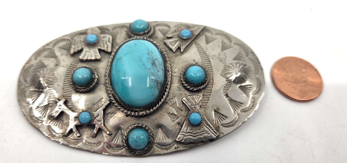 Vintage Navajo Style Fred Harvey Era Brooch Turquoise & Nickle Silver