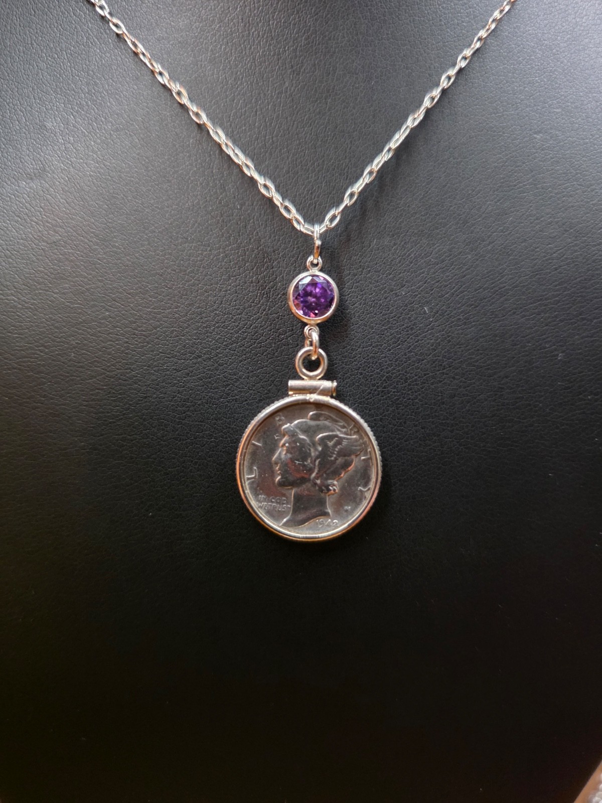 Vintage Mercury Dime Necklace in Sterling Silver 925 / Coin & Amethyst CZ stone