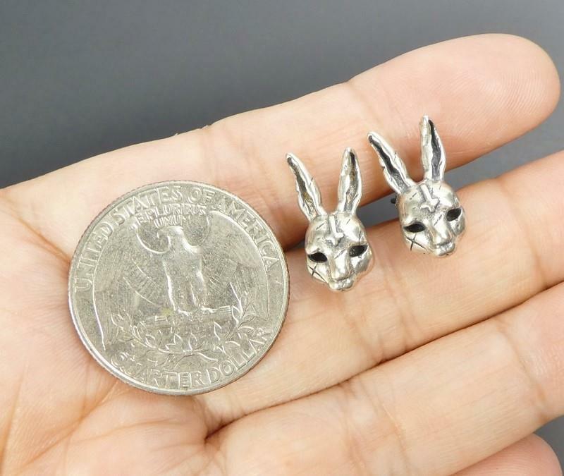 Handmade Sterling Silver Scar Bunny Rabbit Inverted Cross Stud Post Earrings