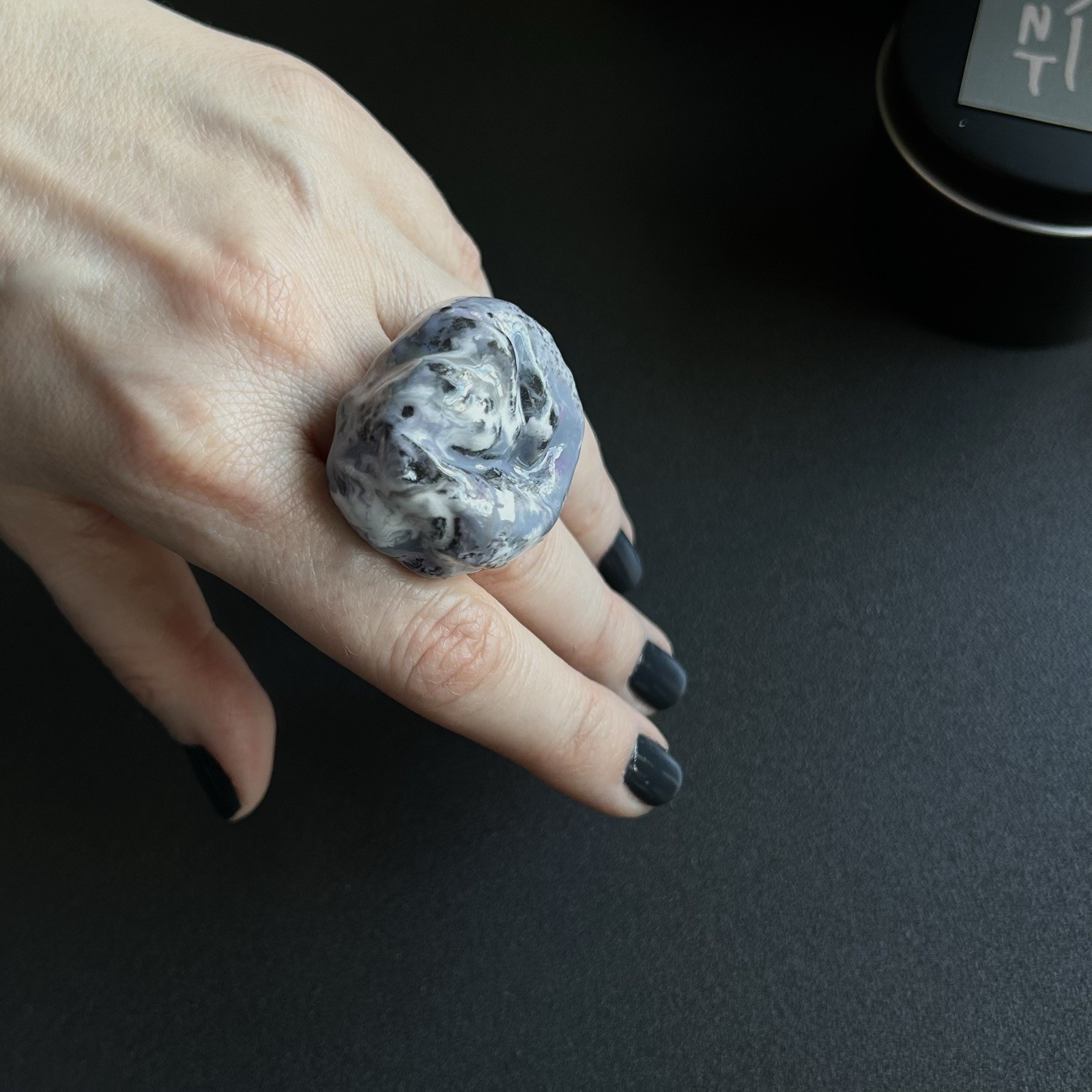 Handcrafted Statement Ring Chunky Resin Black Gray White Asymmetrical Art