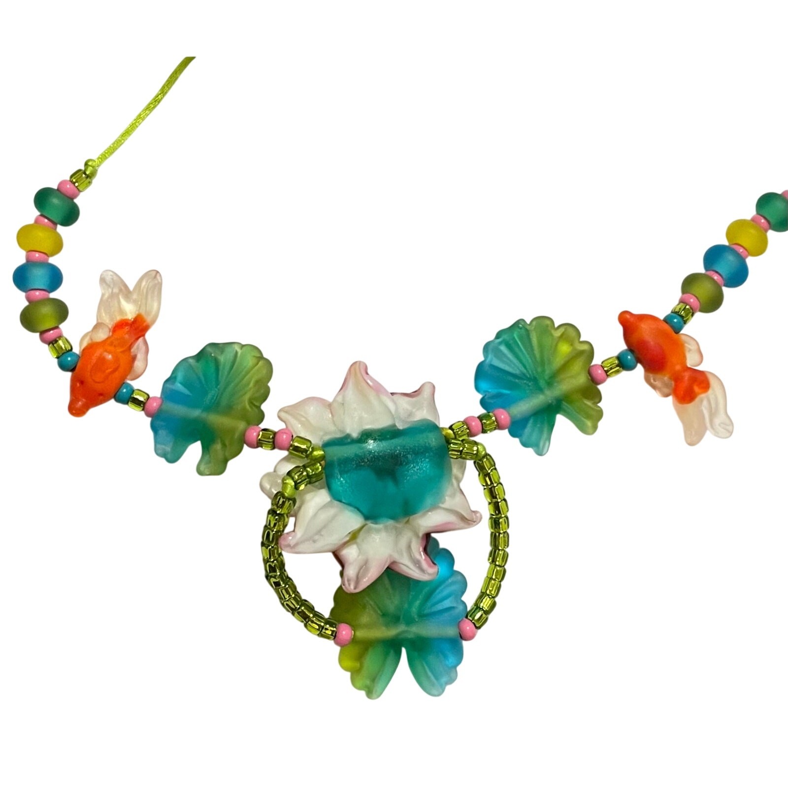 Handmade Lampwork Colorful Sculpted Koi Fish Lily Pad Flower Glass Bead Necklace
