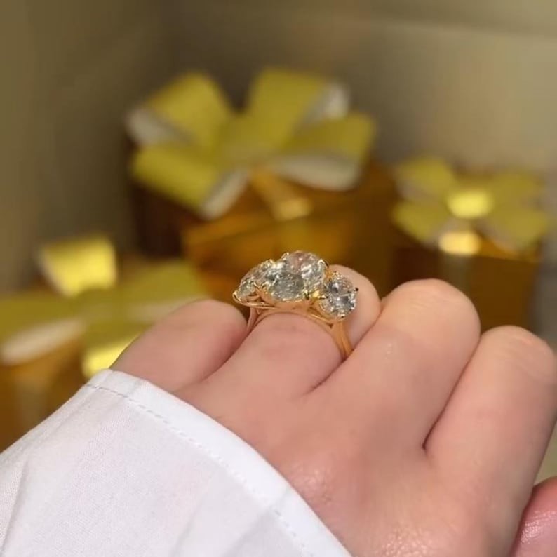 Oval Moissanite Three Stone 14K Gold Trilogy Engagement Ring Gift For Her